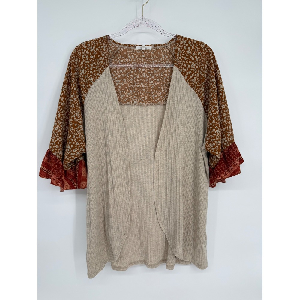 Maurices Womens Cardigan‎ Floral Print Tan Brown Bell Sleeve Open Front Size L